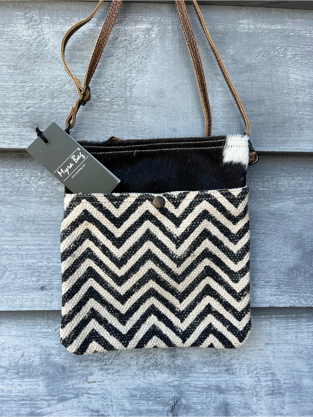 Myra Bag Staggering Canvas & Cow Hair Crossbody Bag Western Chevron NEW NWT